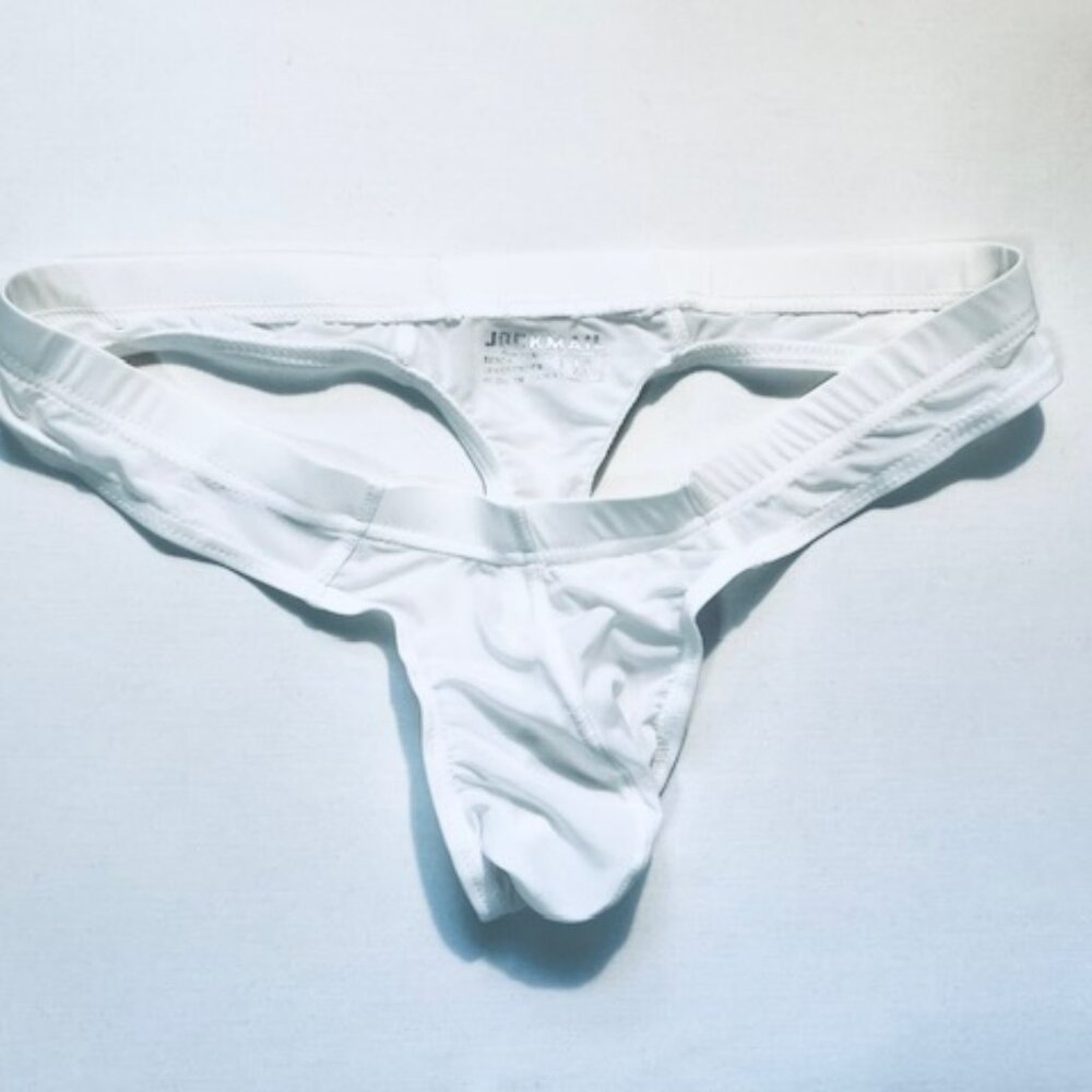 JOCKMAIL   Waist 28-31"s Nylon Blend Semi Sheer T-Back Thong - White - PouchJOC - Picture 2 of 11